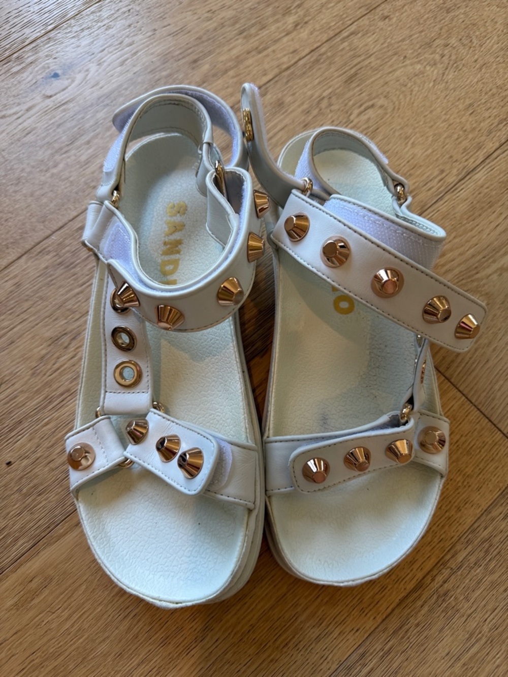 Sandro White Leather Sandals with Rose Gold Studs